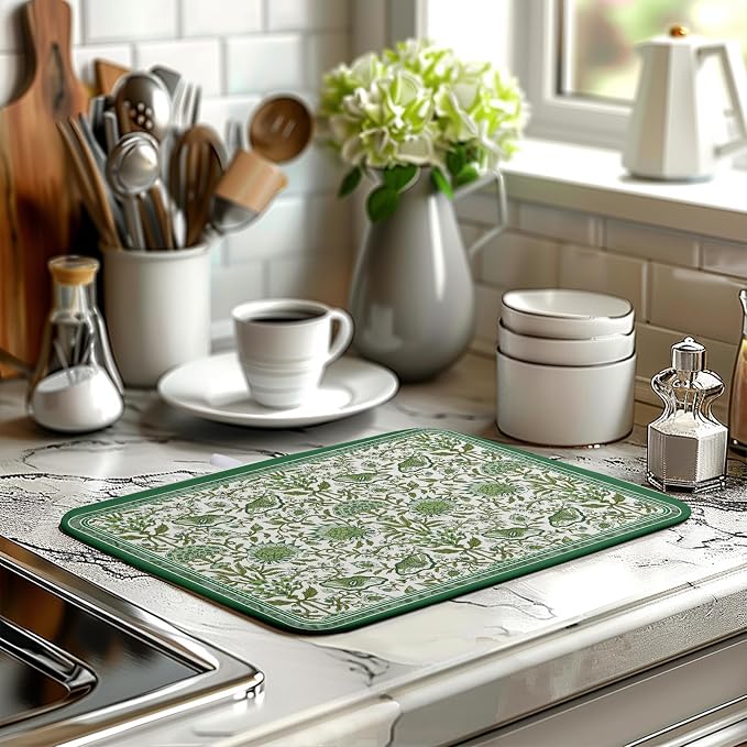 Green Floral Dish Drying Mat for Kitchen Counter 16x18 Inch Spring Summer - Image 6