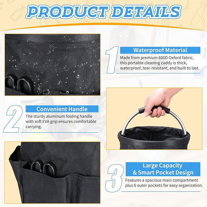 17L Cleaning Caddy with Handle & 6 Pockets, Foldable Cleaning Supply Organizer - Image 3
