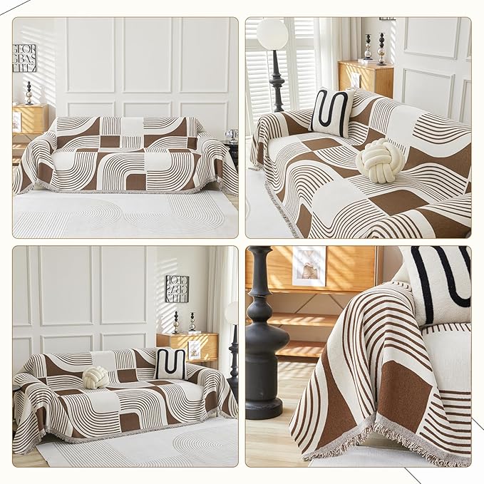Boho Couch Cover Sofa Covers Washable, Chenille Couch Covers for 3 Cushion Couch Sofa Pet Friendly, Bohemian Sofa Slipcovers for Sectional Sofa, Loveseat, 2 3 4 Seater (71" x 134", Coffee)