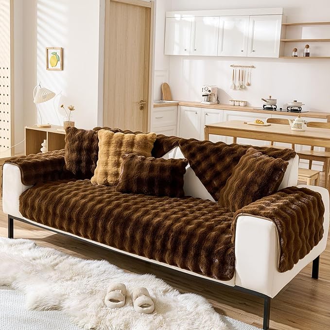 Faux Fur Couch Cover Fuzzy Soft Plush Thick Bubble Sofa Cover Luxury Sectional Couch Covers Luxury Anti-Slip Sofa Slipcover Washable Furniture Protector (Coffee,28"x47")