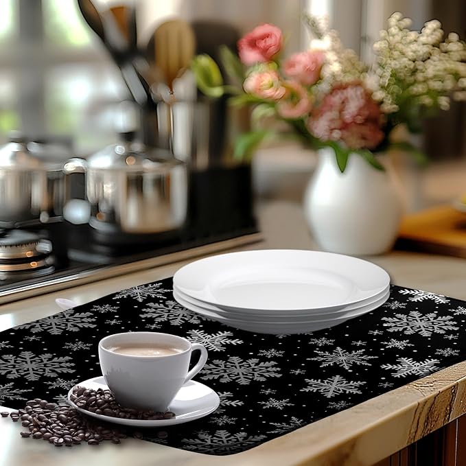 Winter Snowflake Black Dish Drying Mat Christma Snowflakes Large Kitchen Mats - Image 6