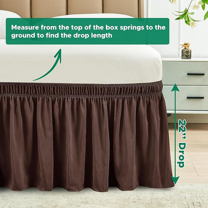Biscaynebay Wrap Around Bed Skirts for Queen Beds 22" Long Drop, Brown Adjustable Elastic Dust Ruffles Easy Fit Wrinkle Resistant Silky Luxurious Fabric Machine Washable