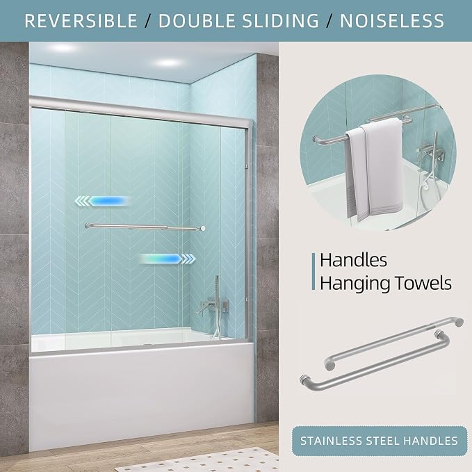 GETPRO Bathtub Sliding Door 50-54 in. W x 58 in. H Semi-Frameless Bypass Double - Image 2