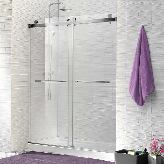 Brushed Nickel Double Sliding Glass Shower Door 56-60 Inch x 76 Inch, Frameless by Glazenclos