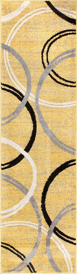 Rugshop Wavy Circles Design Runner Rug, Non-Shedding Carpet for Hallway, Entryway, or Kitchen, Yellow, 2' x 10'