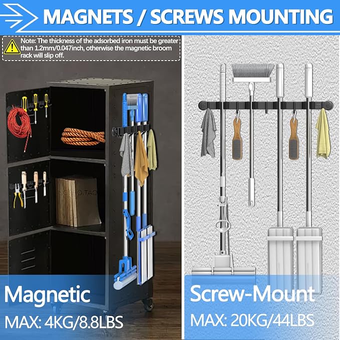 3-H Magnetic Broom Holder Wall Mount 1 Pack, 2-in-1 Dual Mount, 304 Stainless - Image 3