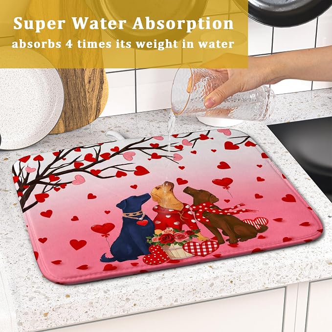 Love Dog Dish Drying Mat 16"x18" Red Heart Microfiber Dish Drainer Mat Hanging - Image 7