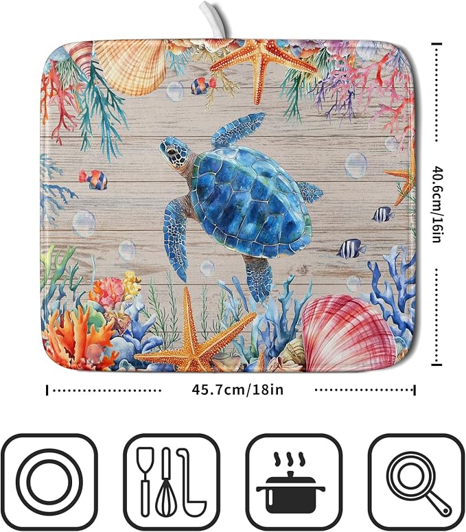Sea Turtle Dish Drying Mat 16x18 inch Tropical Ocean Fast Dry Absorbent - Image 2