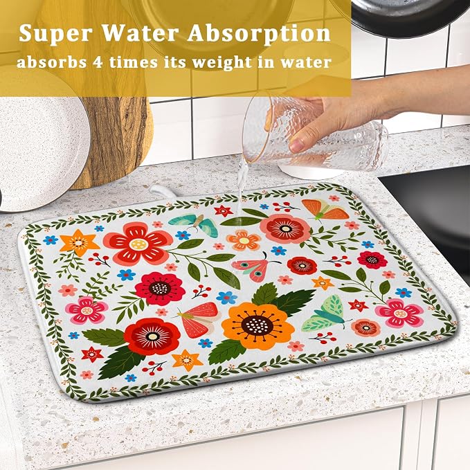 Colorful Boho Floral Dish Drying Mat 16x18 Inch Dishes Dry Pad Drainer Rack - Image 7