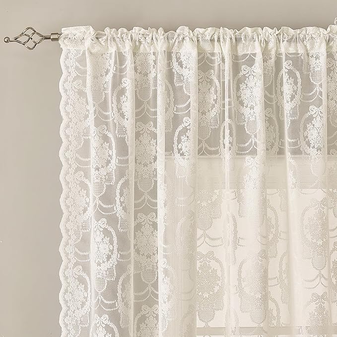 Ivory Vintage Country Floral Lace Sheer Curtains 63 Inches Long -Rod Pocket Light Filtering French Privacy Scalloped Edges Rod Pocket Boho Bedroom ，52 x 63 Inch, 2 Panels