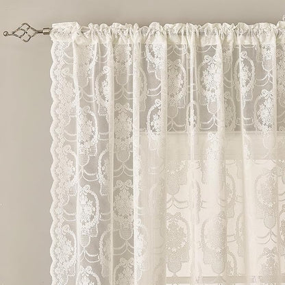 Ivory Vintage Country Floral Lace Sheer Curtains 63 Inches Long -Rod Pocket Light Filtering French Privacy Scalloped Edges Rod Pocket Boho Bedroom ，52 x 63 Inch, 2 Panels