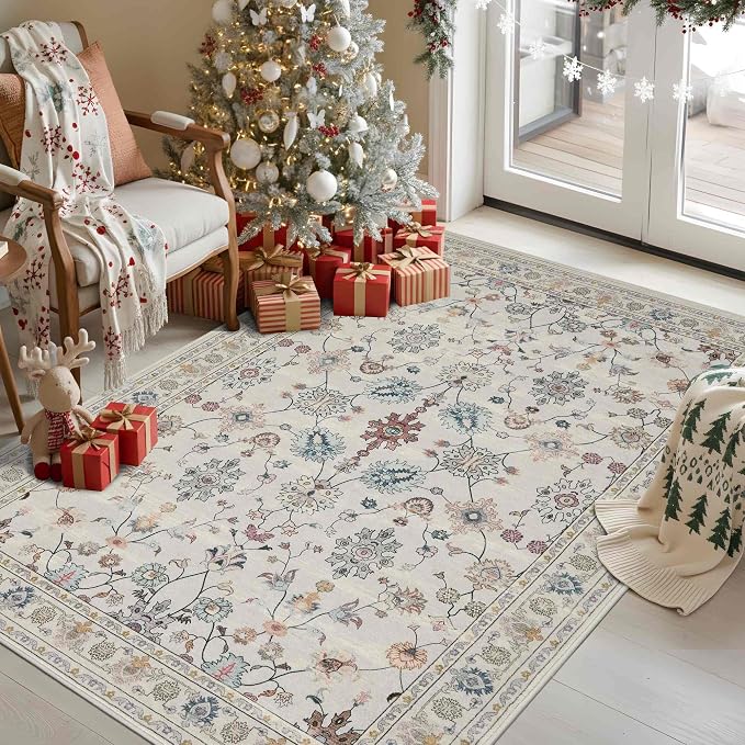 Floral Rug for Entryway Bedroom, 3x5 Washable Area Rug, Vintage Boho Throw Rugs by Rugxara