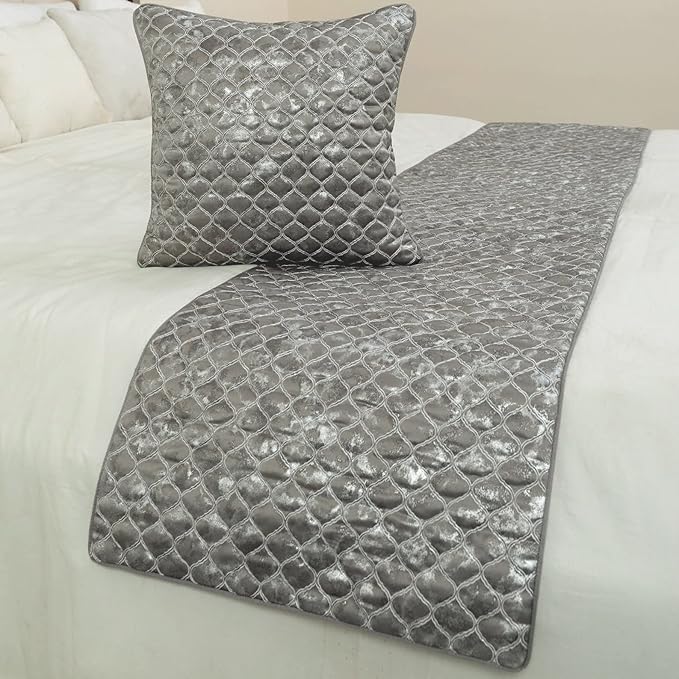 The HomeCentric King/Queen/Twin Grey & Silver Designer Twin 53"x18" Bed Runner with Pillow Cover, Quilted, Foil & Trellis Bed Scarf on Silk Fabric - Jumanah