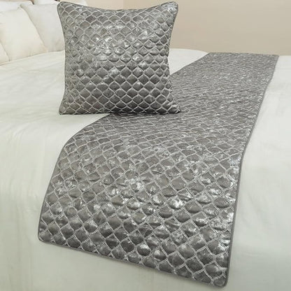 The HomeCentric King/Queen/Twin Grey & Silver Designer Twin 53"x18" Bed Runner with Pillow Cover, Quilted, Foil & Trellis Bed Scarf on Silk Fabric - Jumanah