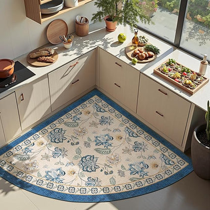 jinchan Elora Floral Corner Rug for Entryway Washable Rug Vintage Romance Design Non Slip Quarter Circle Lightweight Low-Pile Throw Carpet for Playroom Reading Nook Nursery, 4ft Radius, Blue/Beige