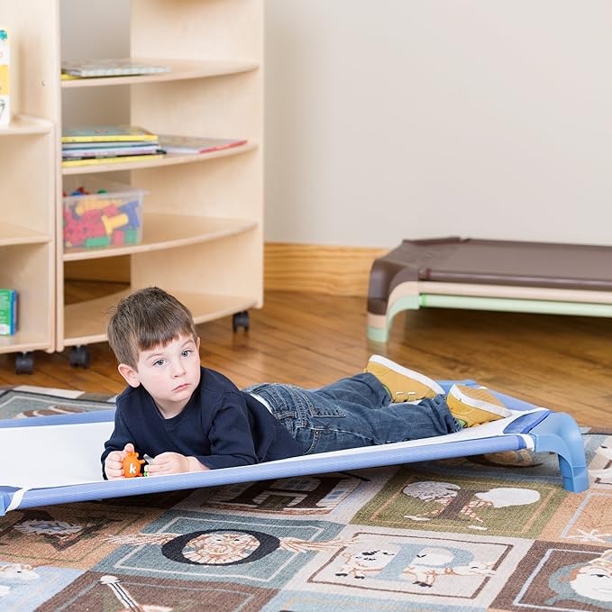 Sprogs Heavy-Duty Stackable Standard Size 52"L Daycare Cots for Kids and Toddlers, Stacking Preschool Classroom Kids Cots for Sleeping, Resting, Naptime, Pack of 12, Natural Colors