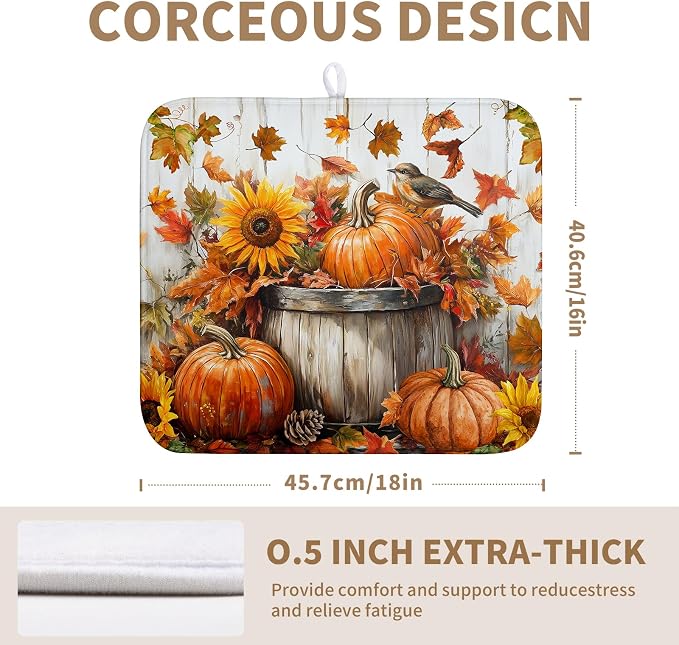 Fall Dish Drying Mat for Kitchen Counter Autumn Thanksgiving Pumpkin Sunflower - Image 2
