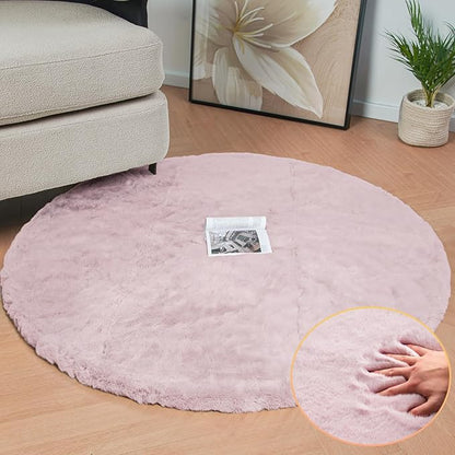Pink Washable Fluffy Rugs for Bedroom Small Circle Faux Rabbit Shag Fur Area Rugs for Living Room Nursery Round Rug 3ft Rug
