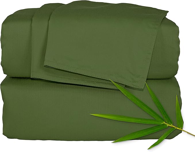 Pure Bamboo Queen Sheets, Genuine 100% Organic Viscose Derived from Bamboo Bed Sheet Set, Luxuriously Soft & Cooling, Double Stitching, 2 Year Quality Promise (Queen, Pesto)
