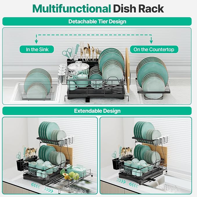 2 Tier Expandable Dish Drying Rack, Large Stainless Steel Dish Drying Rack - Image 3