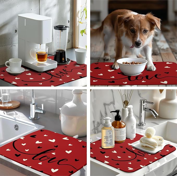 Valentine Dish Drying Mat for Kitchen Counter Valentines Day Red Black Love - Image 7