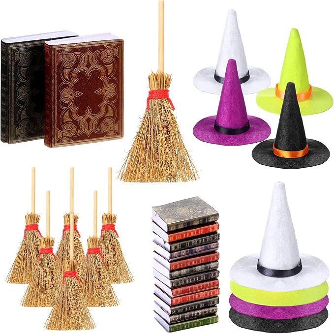36 Pieces Mini Halloween Decorations 12 Mini Felt Witch Hats 12 Small Brooms 12 - Image 2