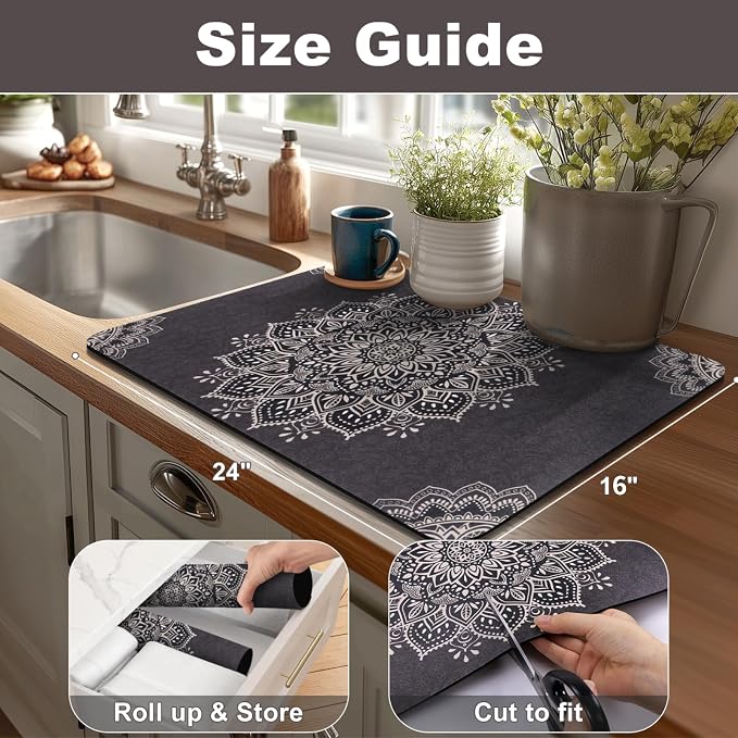 Yamaziot Boho Coffee Mat 12"x20", Floral Dish Drying Mat - Image 2