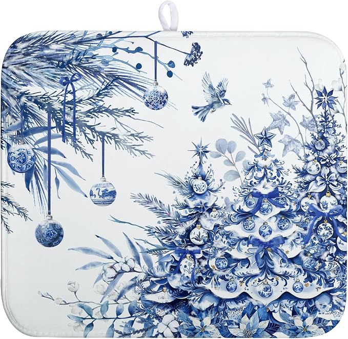 Christmas Tree Dish Drying Mat for Kitchen Counter 16x18 Inch Blue White by Wnoesat
