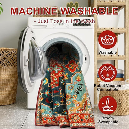 WILLSUN Washable Area Rugs, 6x9 Non-Slip Boho Large Area Rugs for Living Room, Bedroom, Machine Washable Vintage Rug, Indoor Floral Print Carpet for Home Decor, Kid & Pet Friendly Mat