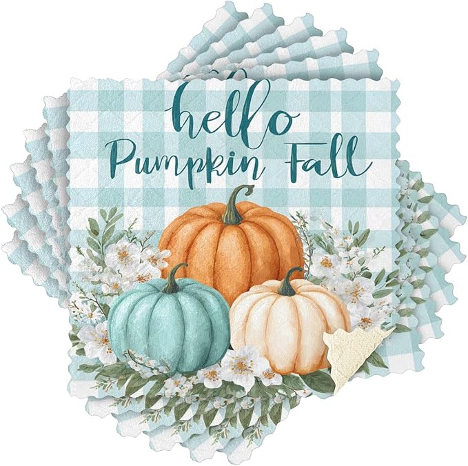 Kitchen Towels Hello Fall Pumpkins Teal Buffalo Plaid Check Dish Towels by ALAZA