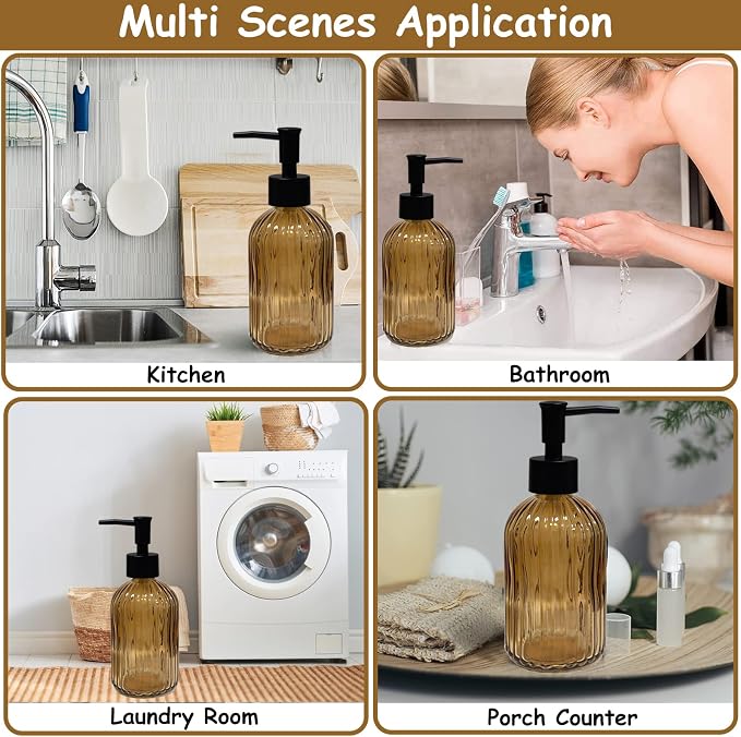Black Pump Glass Soap Dispenser, 13.5oz Brown Stripe Countertop Refillable - Image 5