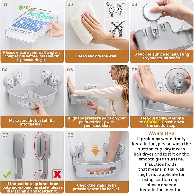 LEVERLOC Corner Shower Caddy Suction Cup, Shower Caddy Basket Powerful Suction - Image 7
