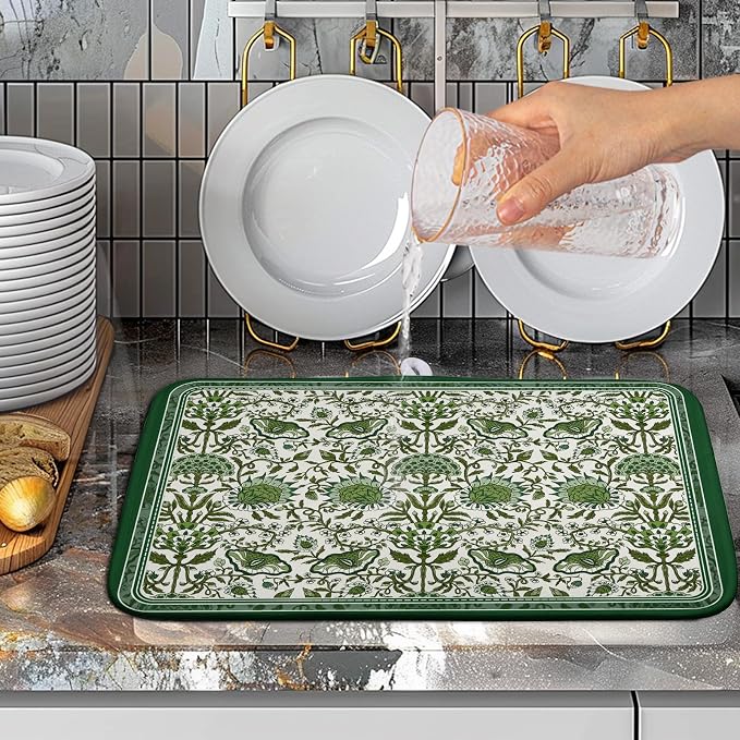 Green Floral Dish Drying Mat for Kitchen Counter 16x18 Inch Spring Summer - Image 5