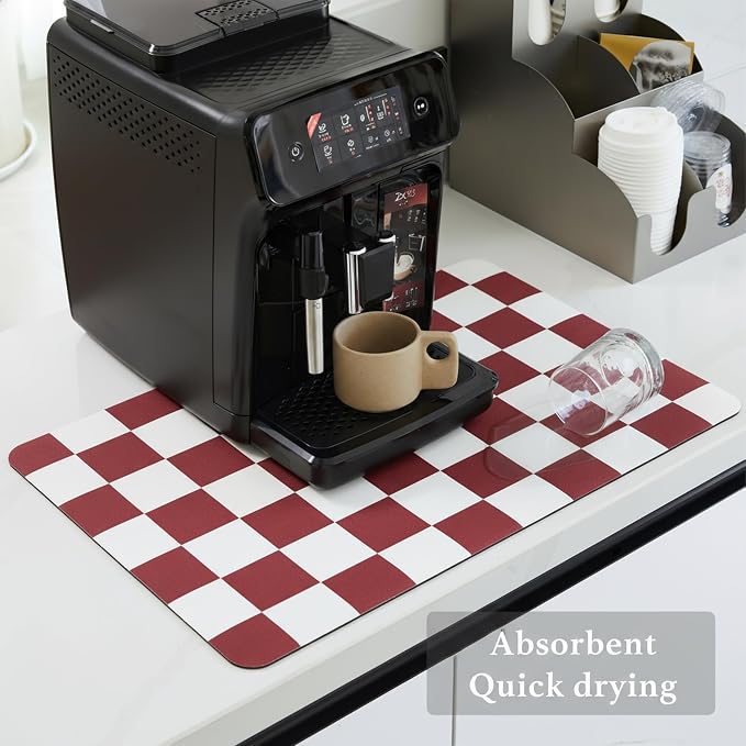 Red Checkered Dish Drying Mat for Kitchen Counter, Coffee Bar Station - Image 4