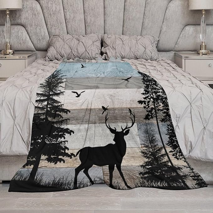 Rustic Deer Throw Blanket, Retro Cabin Farmhouse Country Lodge Blue Brown Wooden Board Wild Forest Animals Deer Bird Print Warm Cozy Blanket for Bed Couch Sofa Travel, 30"x40"