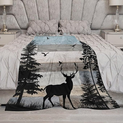 Rustic Deer Throw Blanket, Retro Cabin Farmhouse Country Lodge Blue Brown Wooden Board Wild Forest Animals Deer Bird Print Warm Cozy Blanket for Bed Couch Sofa Travel, 30"x40"