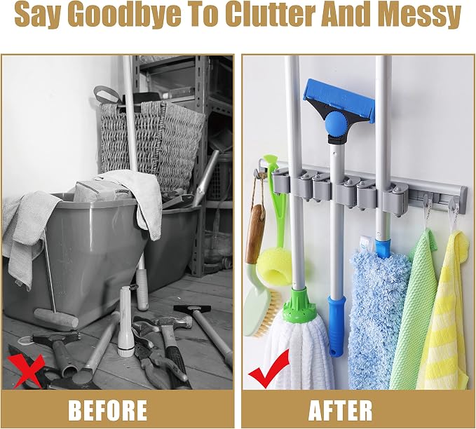 DrDirt Broom Holder Wall Mount, Heavy Duty Aluminum Mop and Broom Organizer - Image 2
