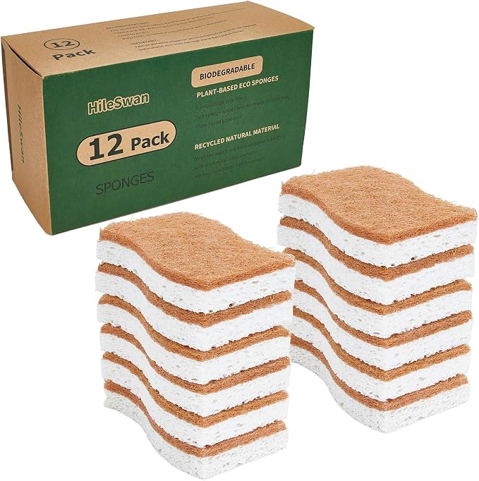 Natural Kitchen Sponges, 12 Pack Non-Scratch Scrubber, Biodegradable by HileSwan
