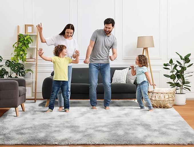 ONASAR Area Rugs 9x12 Living Room, Tie-Dyed Light Grey Large Fluffy Bedroom Rug, Washable Soft Plush Thick Shaggy Big Floor Carpet for Kids Boy Girls Teen Dorm Nursery Indoor Home Decor Aesthetic