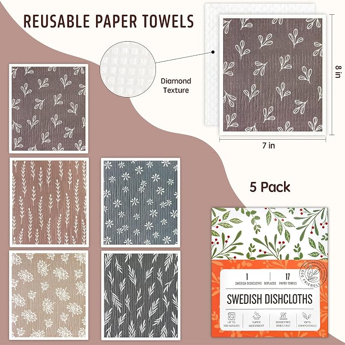Swedish Dishcloths for Kitchen, 5 Pack Reusable Paper Towels Washable, Super - Image 2
