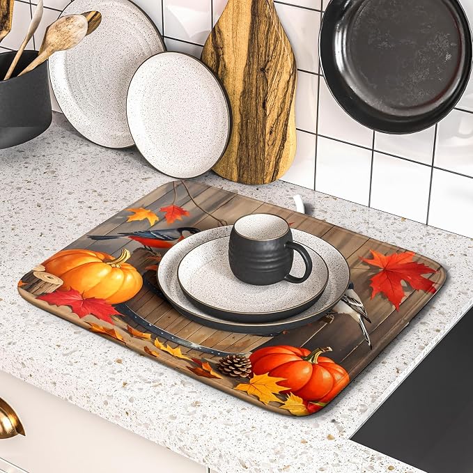 Fall Dish Drying Mat for Kitchen Counter 16x18 Autumn Pumpkin Birds Harvest - Image 5