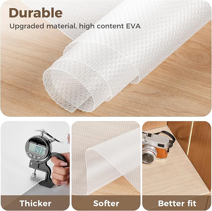 100% EVA Shelf Liner for Kitchen Cabinet, 18" x 360" Drawer Liners Non Adhesive Non Slip Waterproof Plastic Paper, Dresser Pantry Bathroom Refrigerator Protector, Clear
