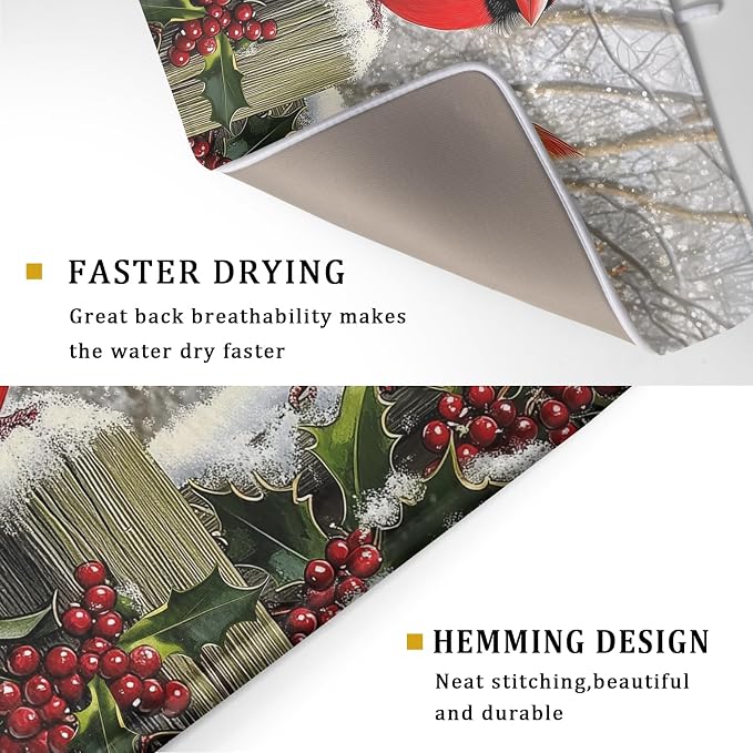 Winter Birds Dish Drying Mat Red Berry Dish Drainer Rack Mat Microfiber - Image 3