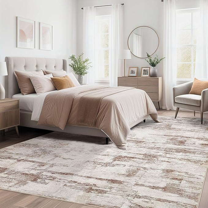 Abstract Living Room Rug 6x9 - Modern Washable Soft Thin Area Rug for Living Room Bedroom Under Dining Table - Neutral Indoor Floor Rug Carpets for Home Office Playroom Nursery - Light Brown