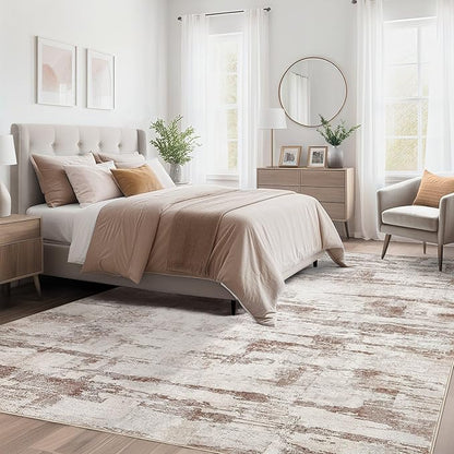 Abstract Living Room Rug 8x10 - Modern Washable Soft Thin Area Rug for Living Room Bedroom Under Dining Table - Neutral Indoor Floor Rug Carpets for Home Office Playroom Nursery - Light Brown