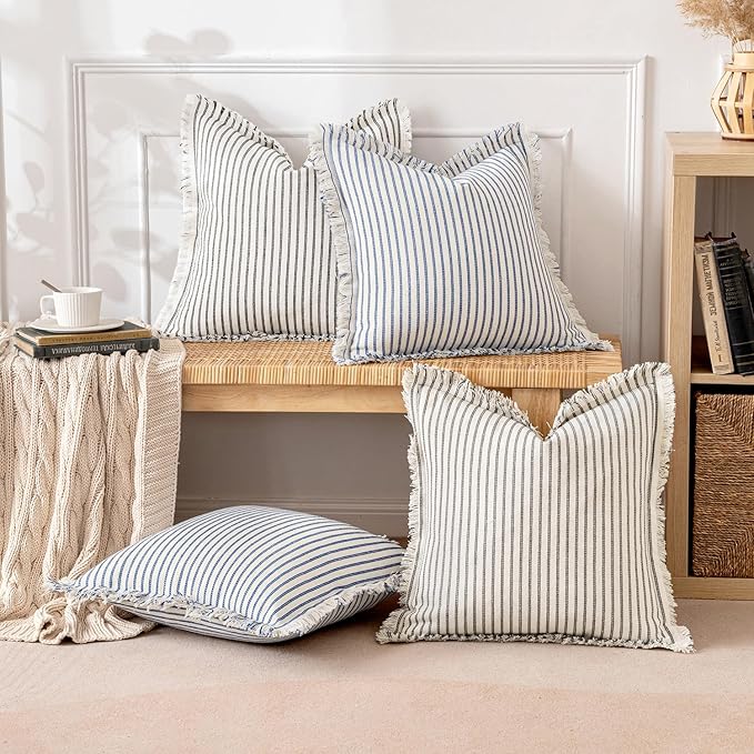 MIULEE Gray Pack of 2 Pillow Covers 18x18 Inch Striped Farmhouse Couch Throw Pillow Covers with Fringe Chic Linen Decorative Cushion Covers for Sofa Living Room Bed Outdoor Home Decor