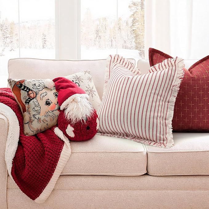 ZWJD Throw Christmas Pillow Covers 26x26 Set of 2 Striped Pillow Covers with Fringe Chic Cotton Decorative Pillows Square Cushion Covers for Sofa Couch Bed Living Room Farmhouse Decor