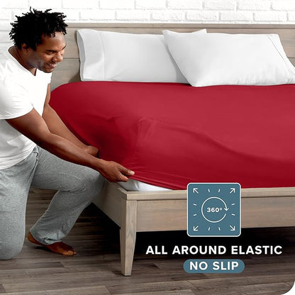 Fitted Bottom Sheet Full Size - Premium 1800 Microfiber - Ultra-Soft Hotel Luxury - Deep Pocket - Durable and Long Lasting - Fitted Sheet (Full, Red)