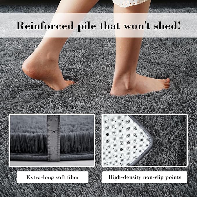 Fluffy Rug Shaggy Area Rug, Dark Grey 2x4 Area Rugs for Bedroom, Small Bedside Rug, Soft Fluffy Shaggy Entryway Throw Rugs for Living Room Bedroom Kids Room Home Decor