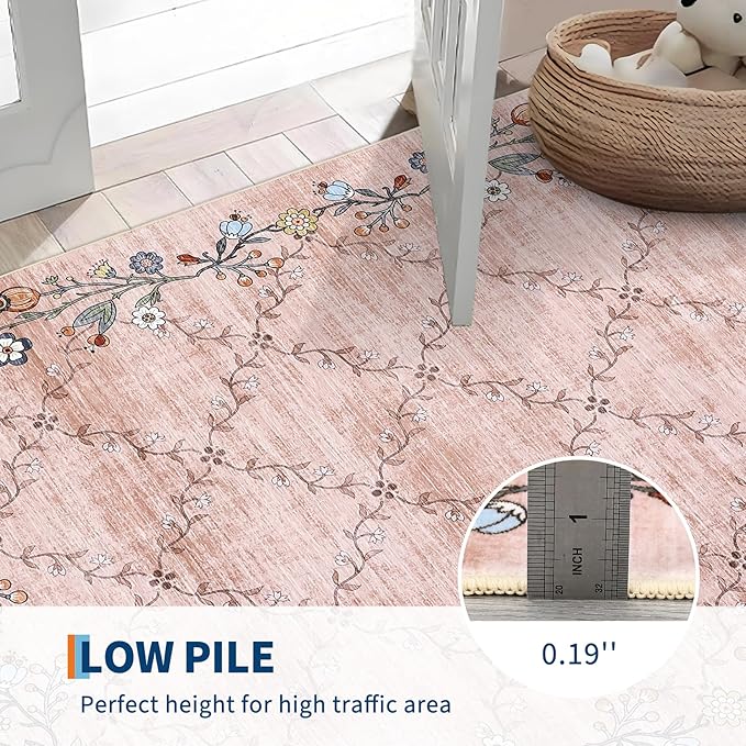 GarveeHome 5x7 Washable Floral Area Rugs for Living Room: Modern Floral Non Slip Large Area Rugs for Bedroom, Large Machine Washable Living Room Low Pile Carpet with Non-Slip Backing Pink 5 ft x7 ft.